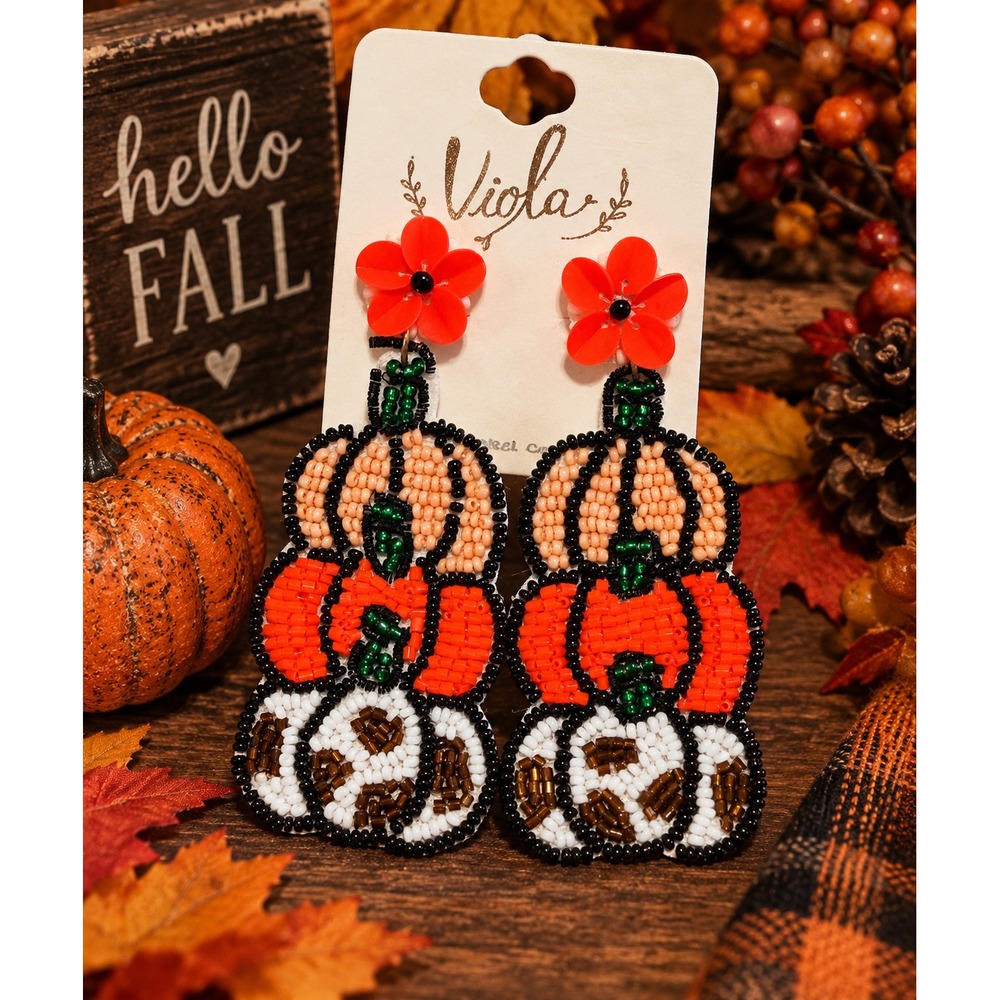 Leopard Stacked Pumpkin Earrings Seed Bead Fall Halloween Statement Dangle